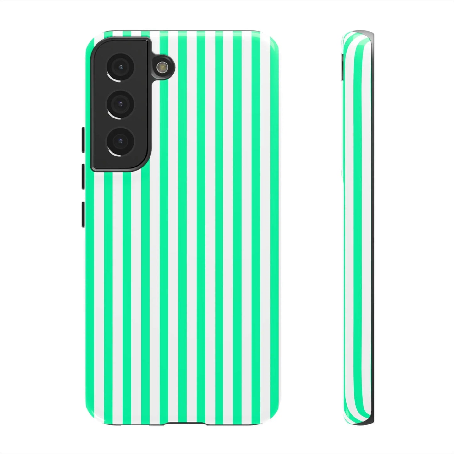 Sleek tough phone case with bold mint green vertical stripe design on the back for samsung galaxy s21