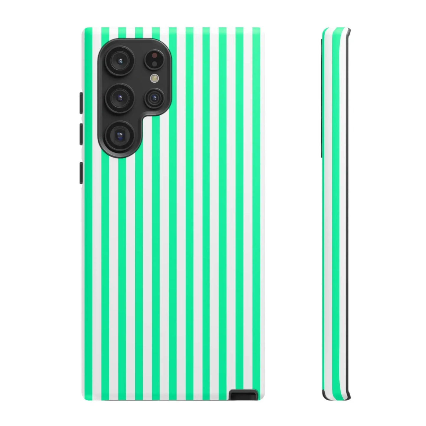Back side of a sleek tough phone case with bold mint green vertical stripe design for modern smartphones with camera module