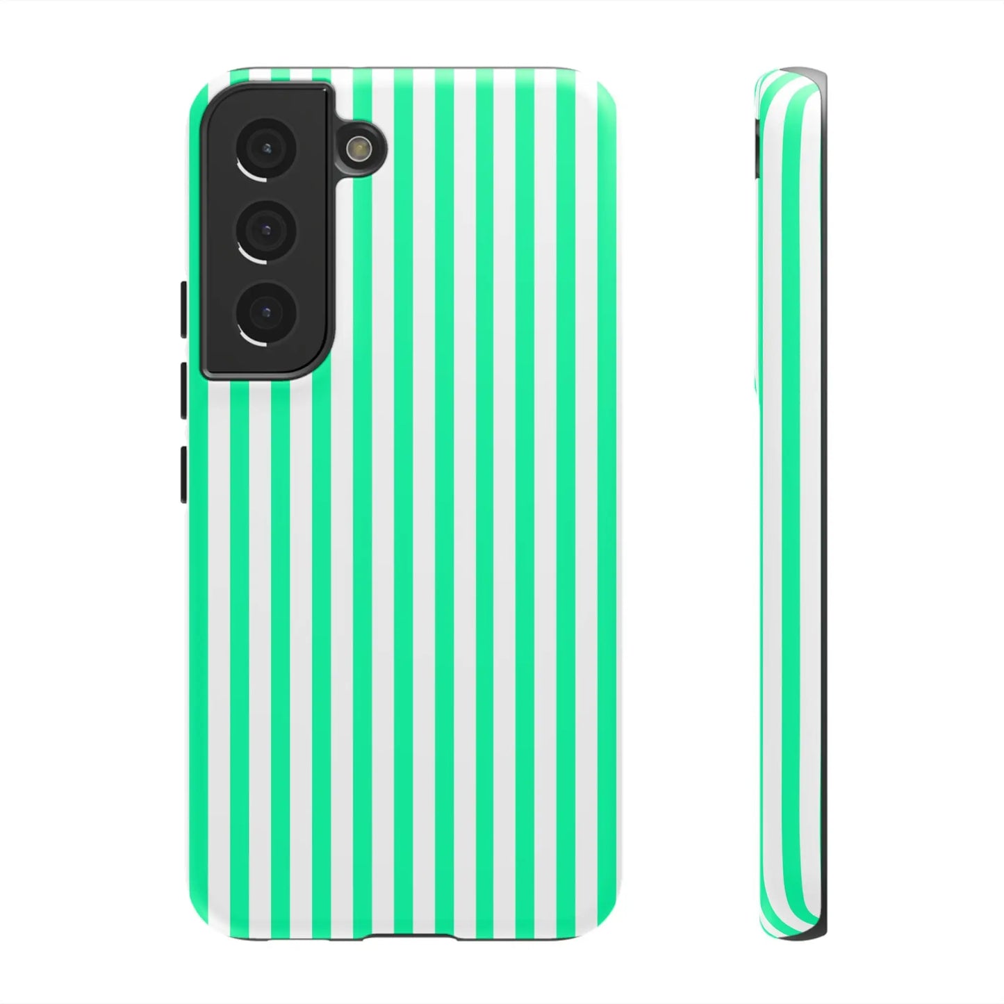 Back side of a mint green vertical stripe tough phone case for samsung galaxy s21 series with white stripes