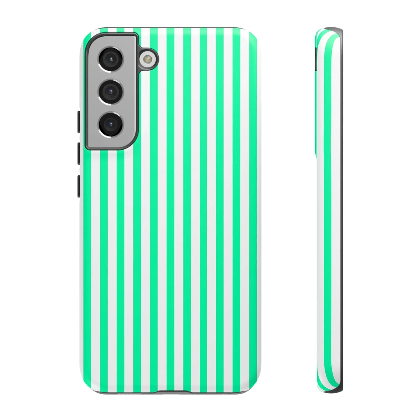 Back side of a mint green vertical stripe tough phone case with bold stripes for samsung galaxy s21