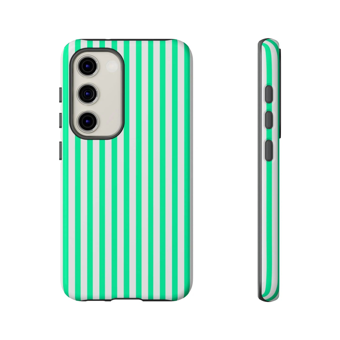 Back of a sleek tough phone case featuring bold vertical stripe design in vibrant mint green vertical and white colors