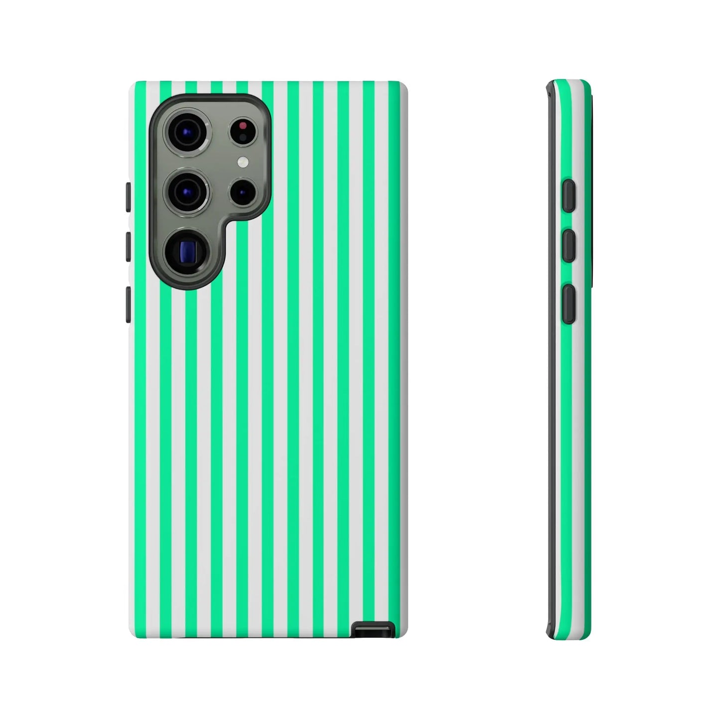Back of a sleek tough phone case for samsung galaxy s23 ultra with vertical mint green and white stripes design