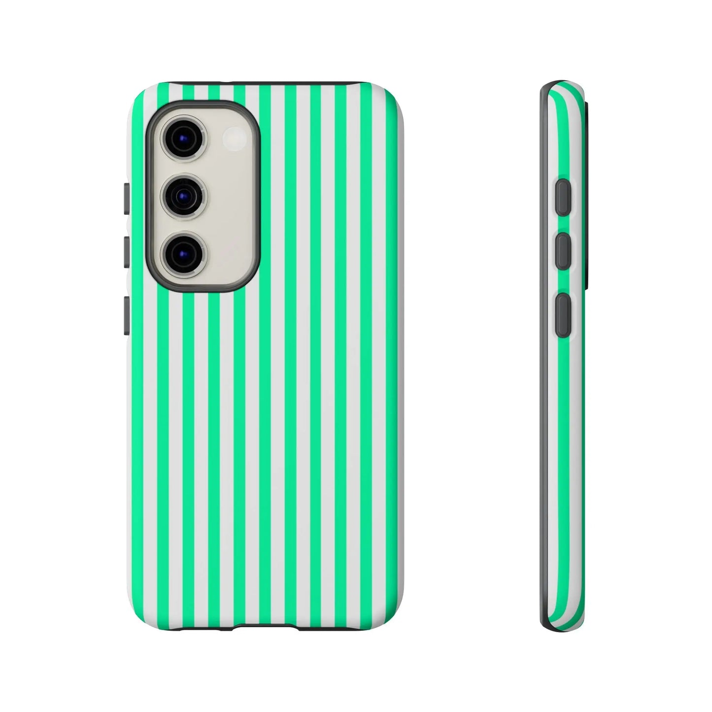 Back side of a sleek tough phone case with bold mint green vertical stripe and white stripes for modern smartphones