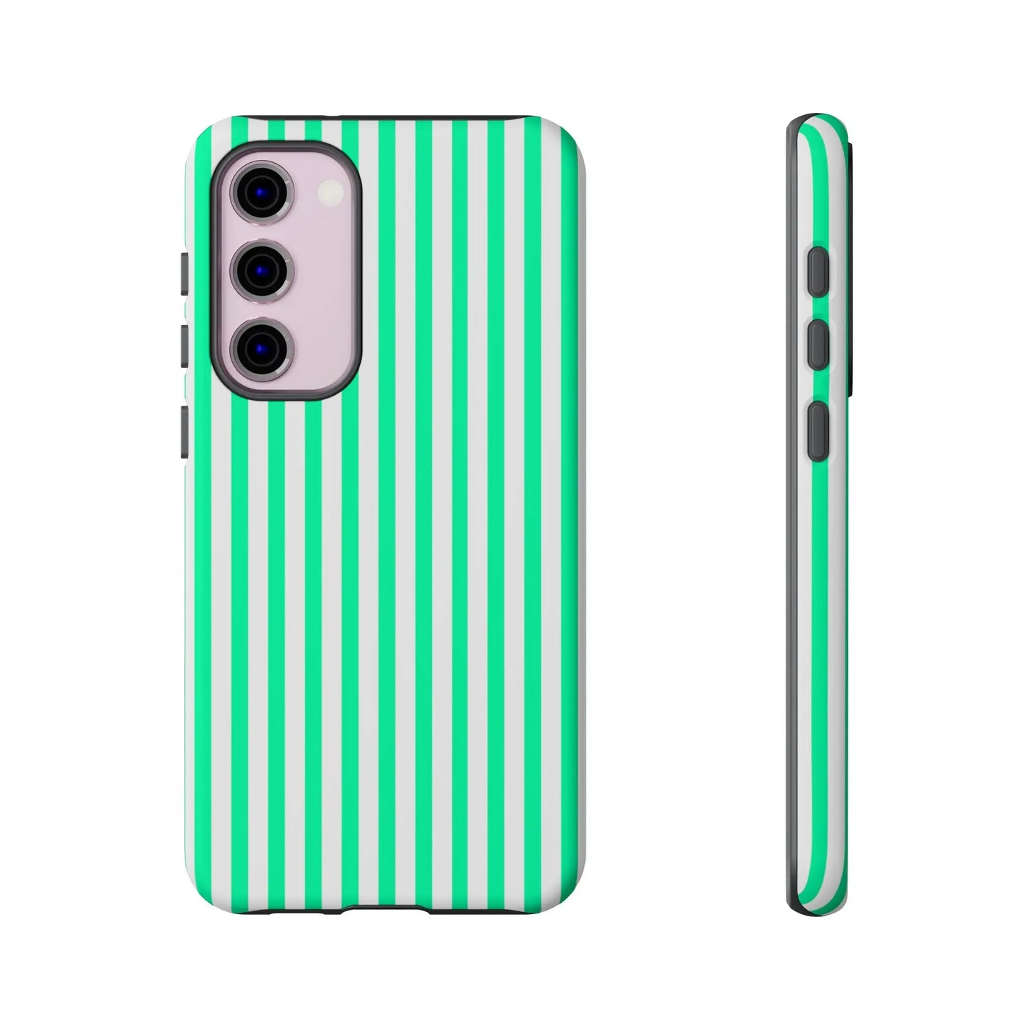 Back of a sleek tough phone case with bold mint green vertical stripe and crisp white fit for modern smartphone
