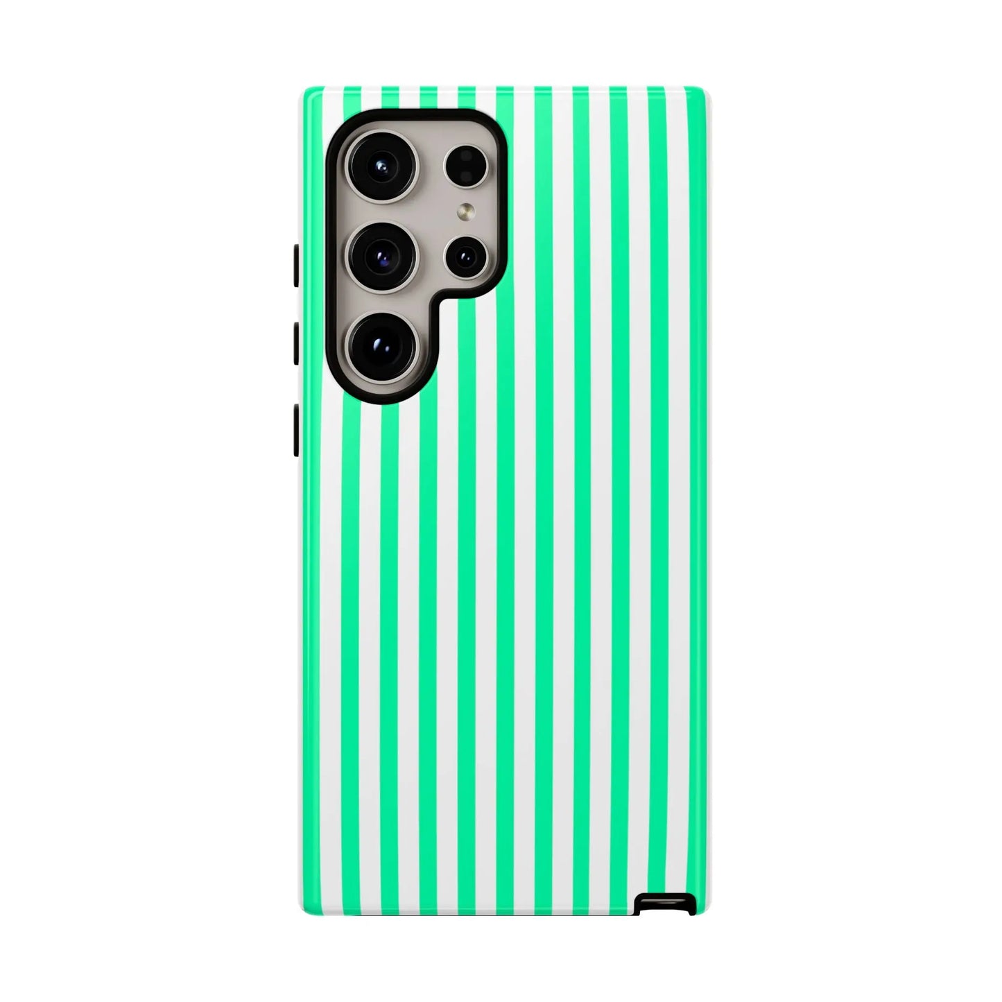 Back side of a sleek samsung galaxy s21 ultra tough case with vibrant mint green vertical stripe pattern