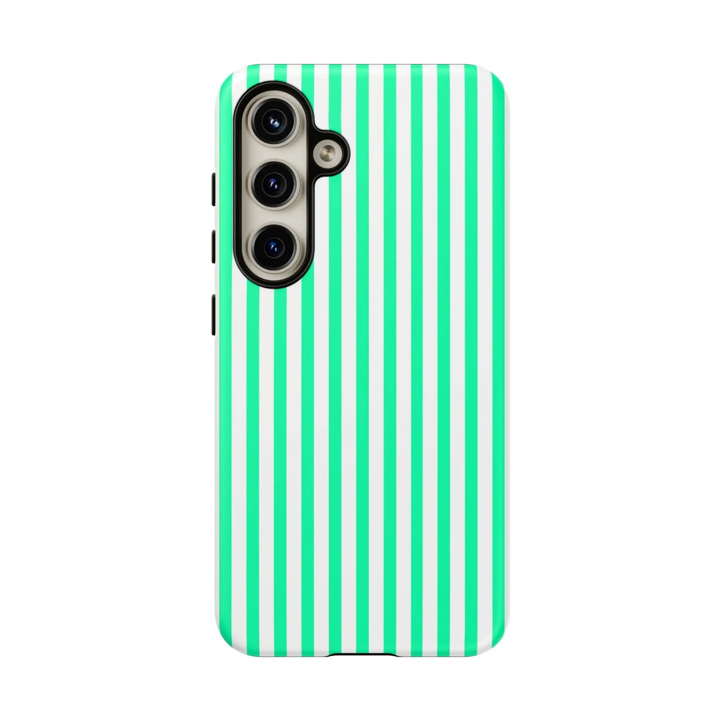 Back side of a tough phone case with a sleek mint green vertical stripe and white design pattern