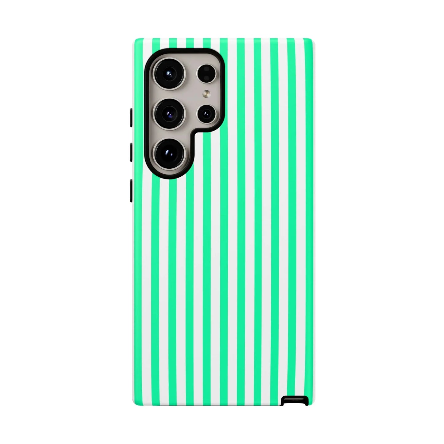 Back side of a mint green vertical stripe tough phone case with black camera cutout for samsung galaxy s21 ultra