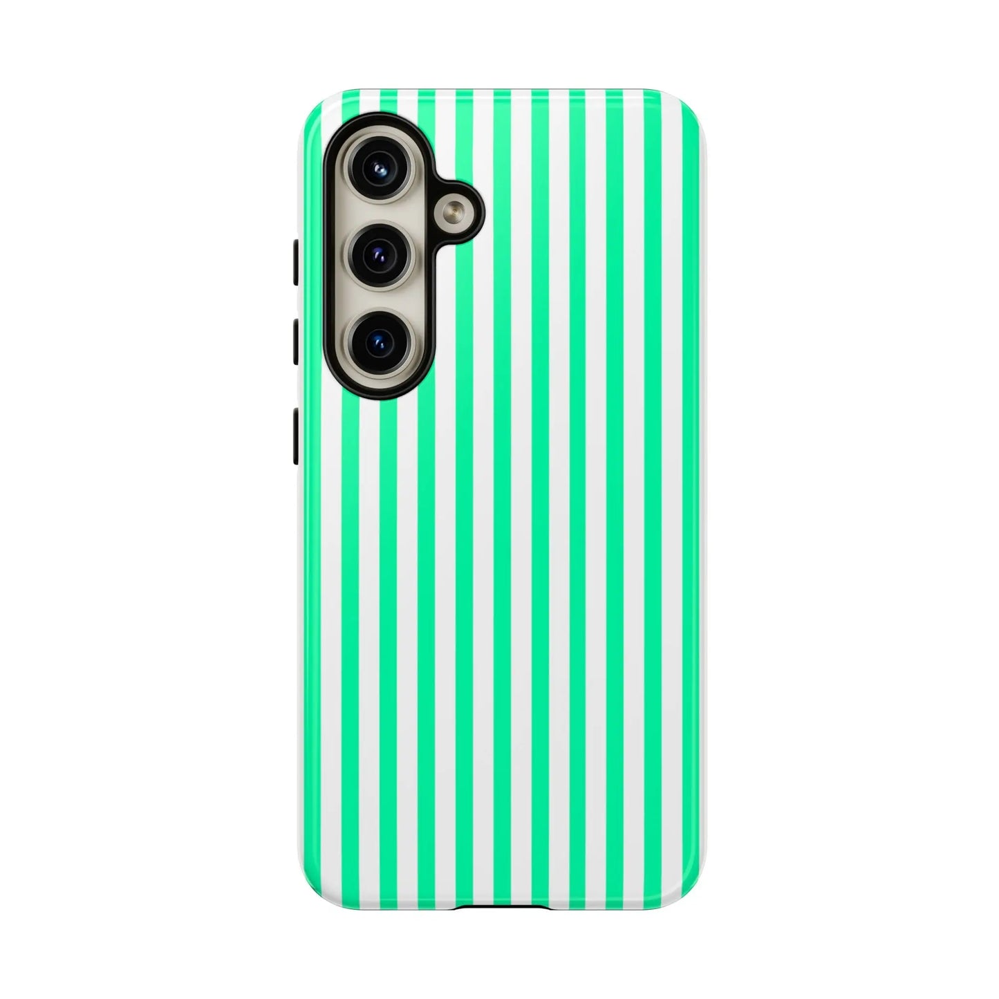 Back of a sleek tough phone case with bold mint green vertical stripe and white stripes for modern smartphones