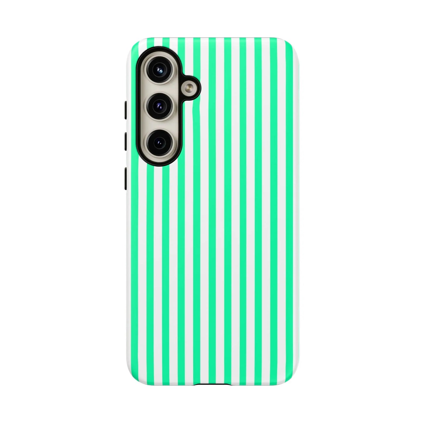 Back side of a mint green vertical stripe tough phone case with white stripes and a black camera cutout