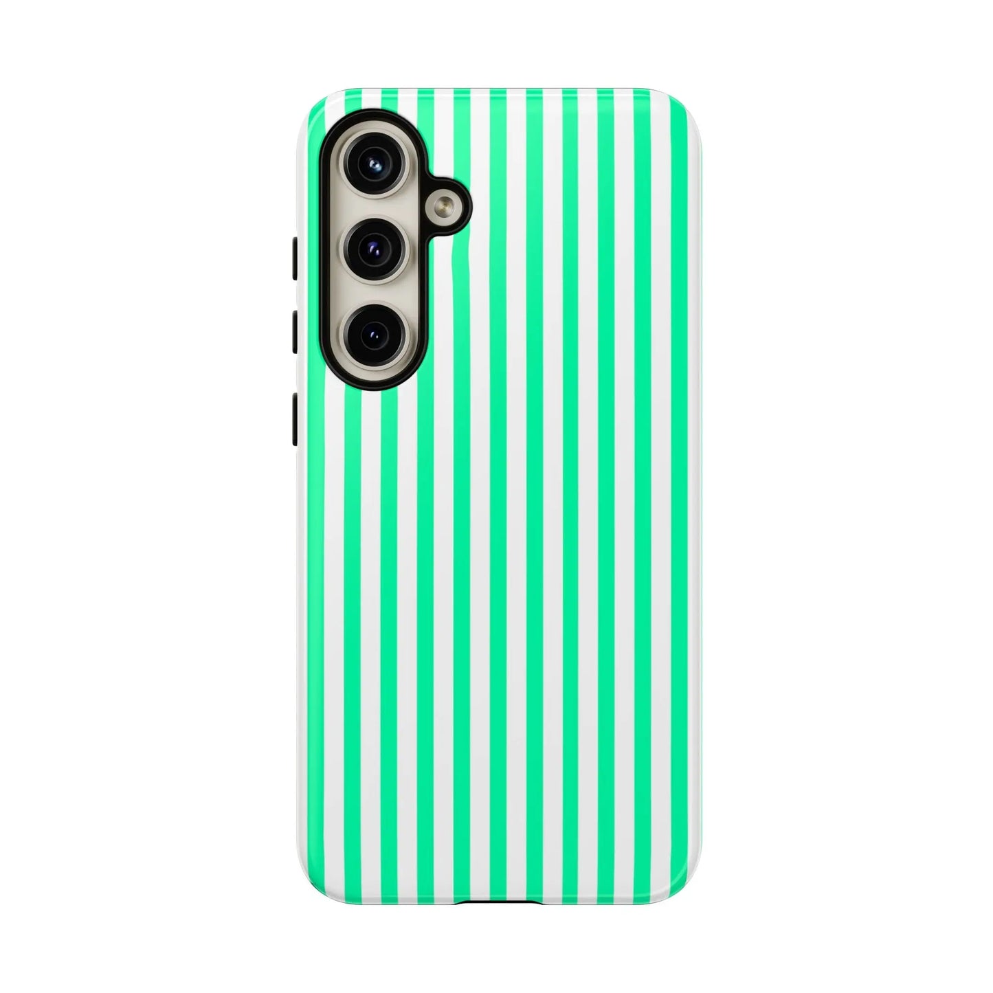 Back of a sleek tough phone case with bold mint green vertical stripe and crisp white stripes for a modern smartphone