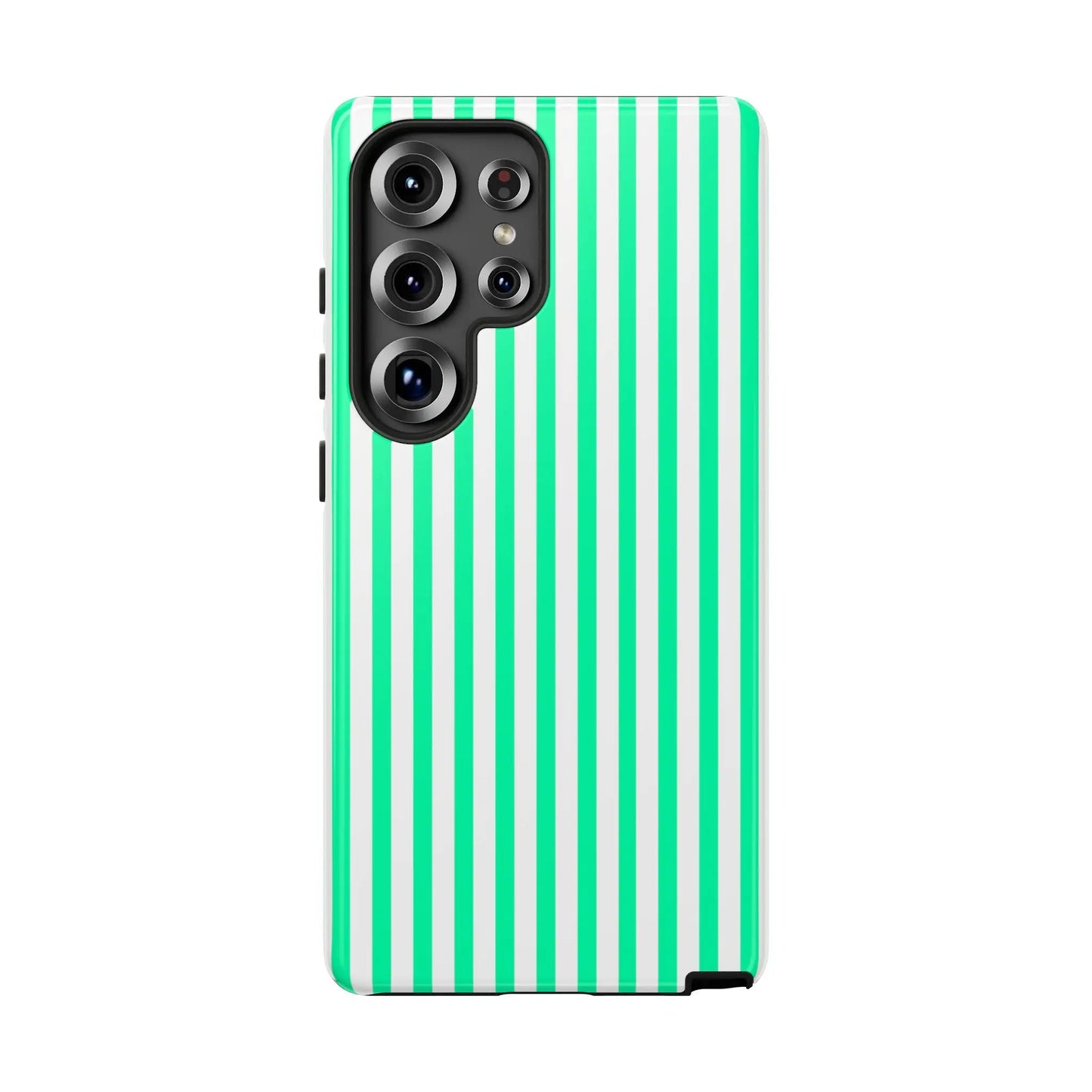 Back side of a tough mint green vertical stripe phone case with white stripes and a black camera module
