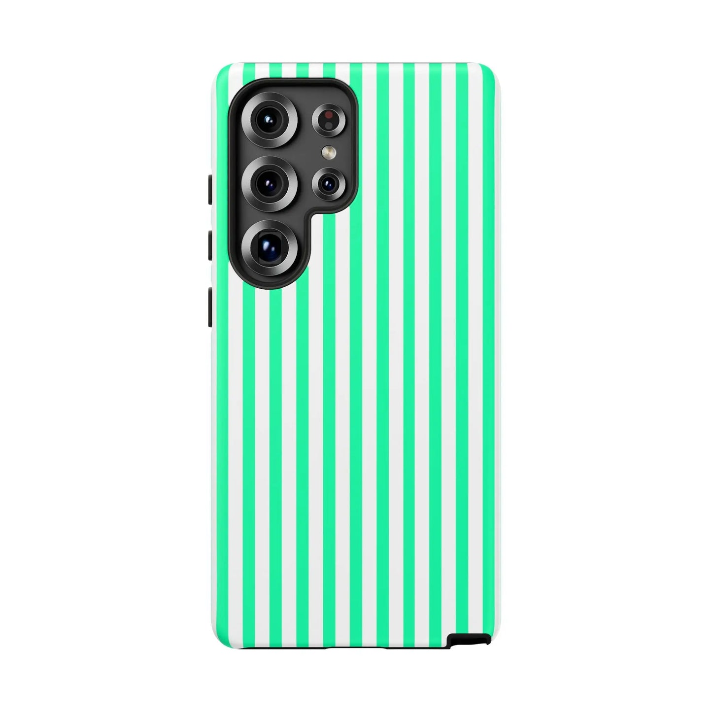 Back of a mint green vertical stripe phone case with white stripes and a black camera module for tough protection