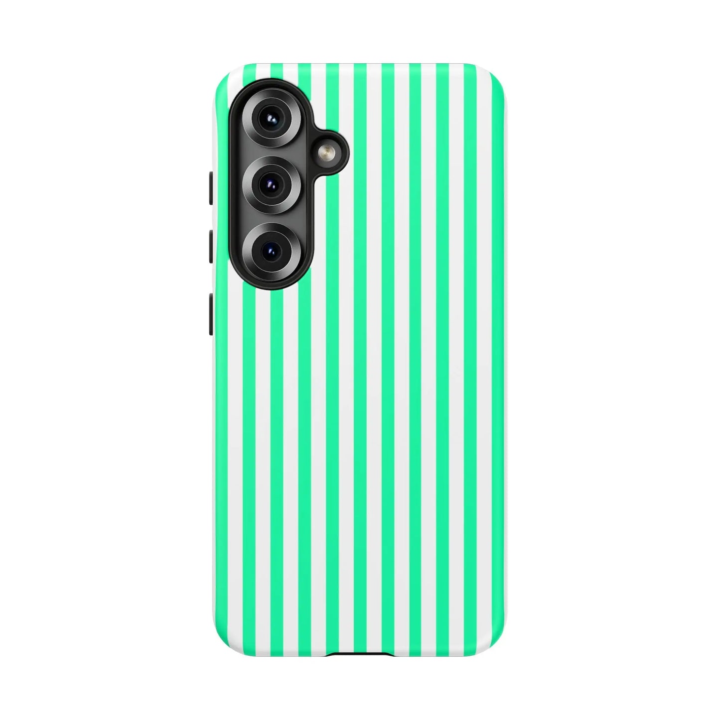 Back side of a mint green vertical stripe tough phone case with white stripes and a black camera module