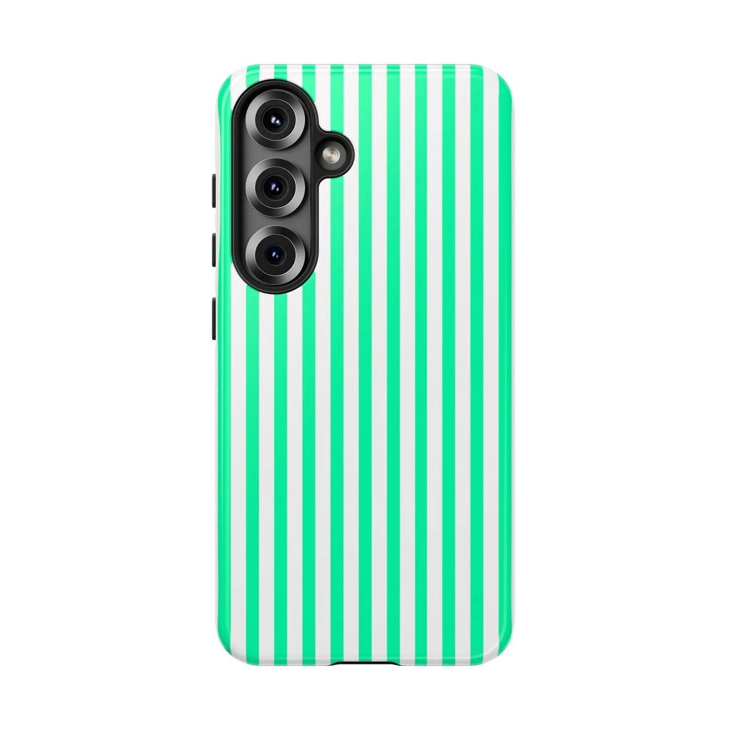 Back side of a mint green vertical stripe phone case with a vibrant white and green vertical stripe tough design
