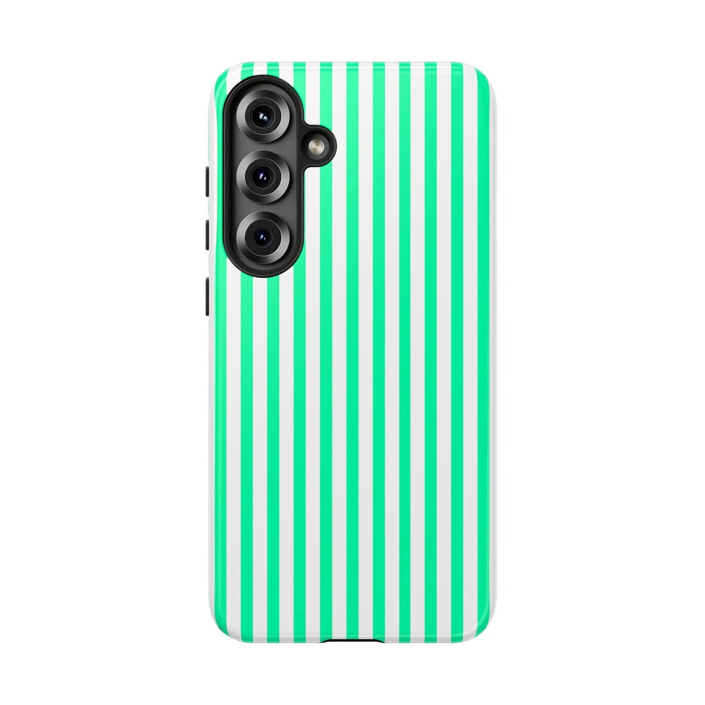 Back view of a mint green vertical stripe tough phone case with bold green vertical stripe and camera cutout protection