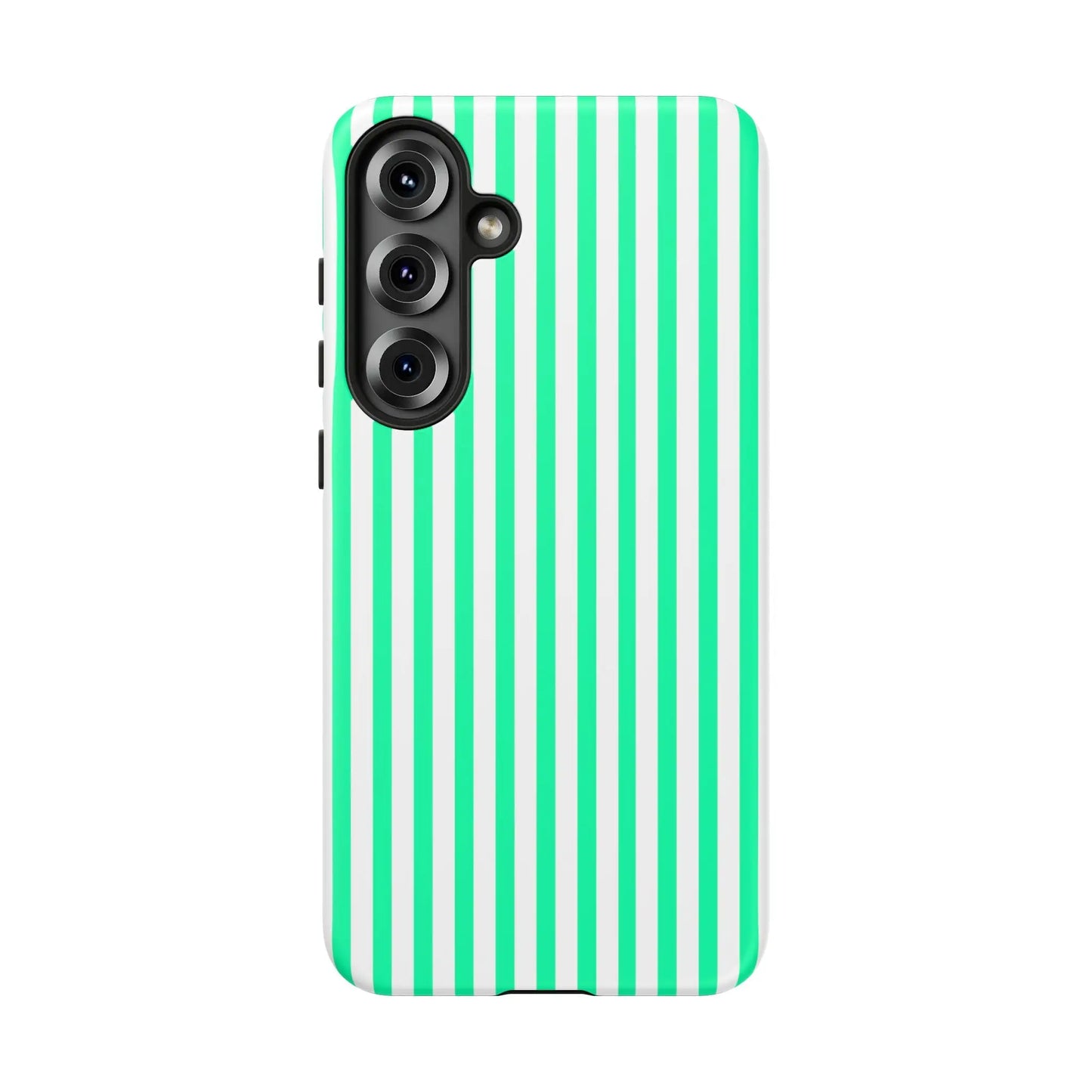 Back side of a tough case phone case with mint green vertical stripe pattern and black camera module