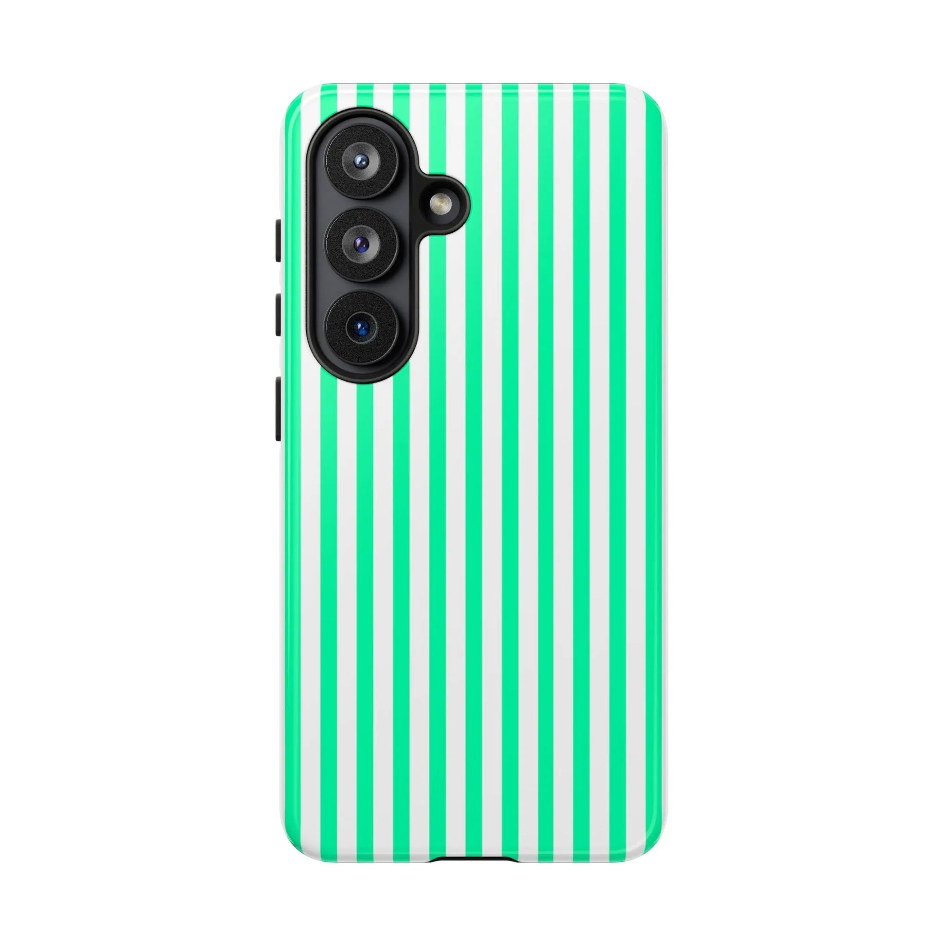 Back of a sleek mint green vertical stripe tough phone case with bold white stripes and precise camera alignment