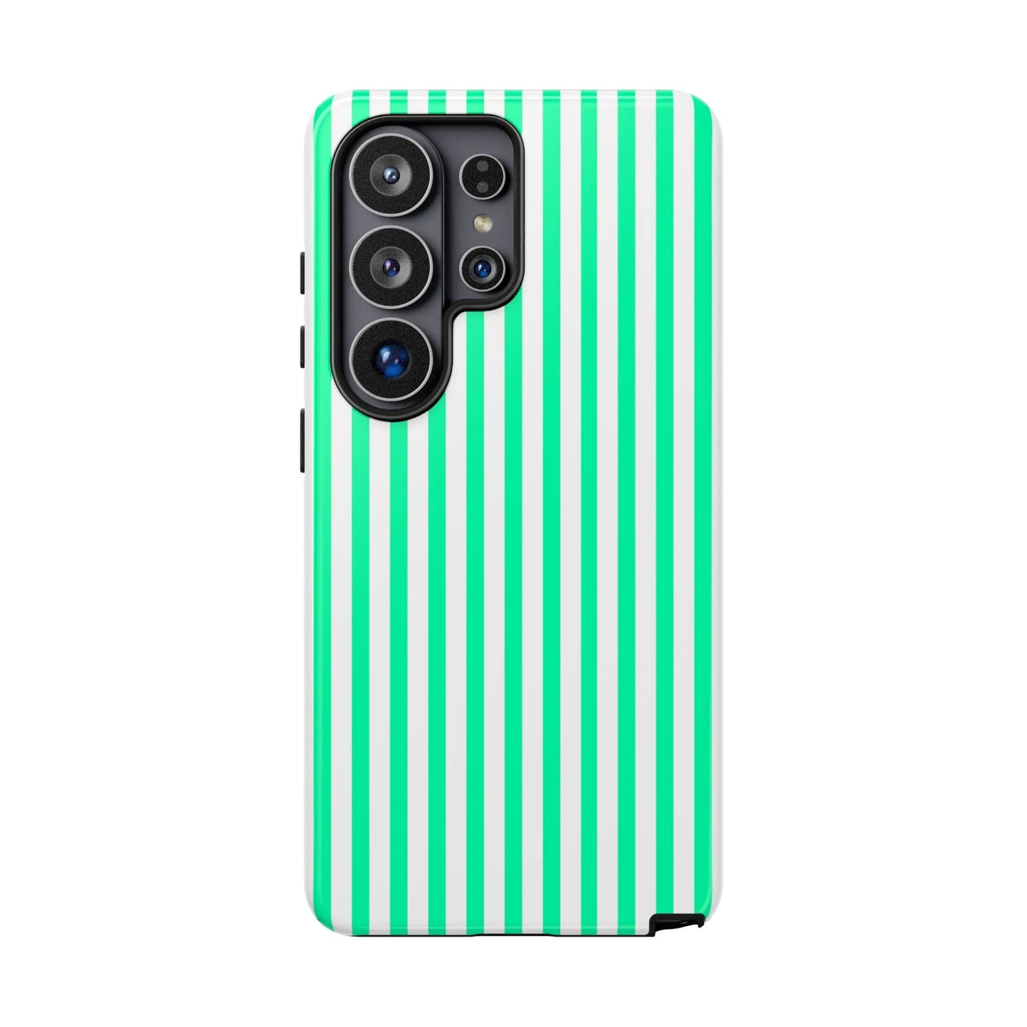 Back side of a mint green vertical stripe tough phone case with vibrant white stripes and sleek modern design
