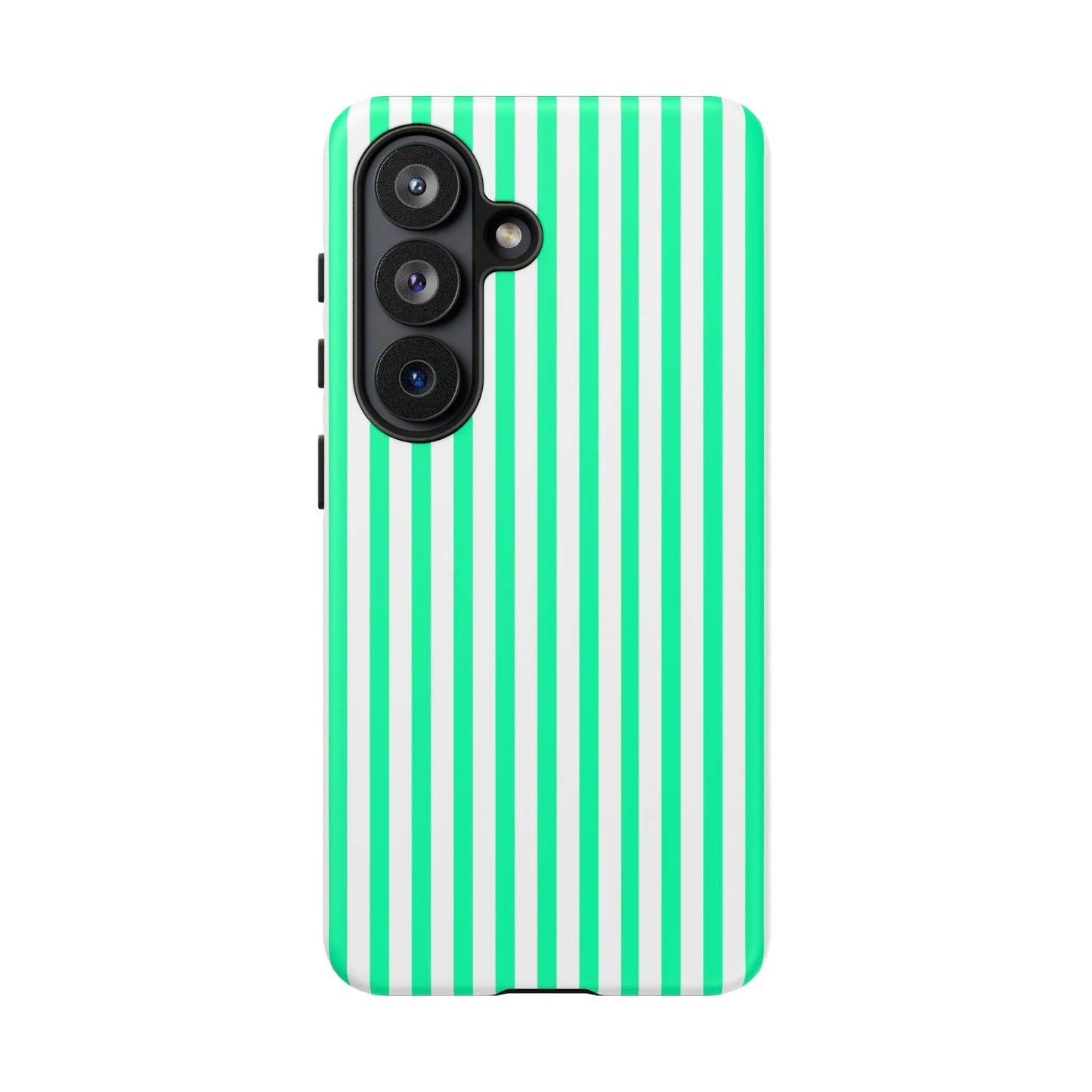 Back side of a sleek tough phone case with bold mint green vertical stripe design fitting a modern smartphone
