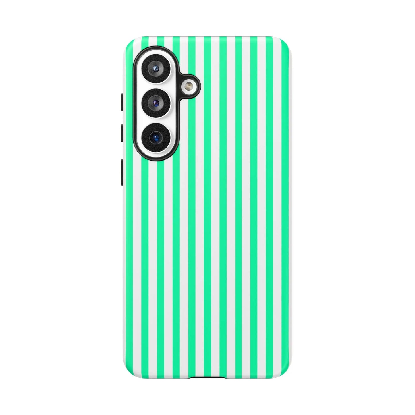 Mint green vertical stripe tough phone case with white stripes and black camera cutout shown from the back side