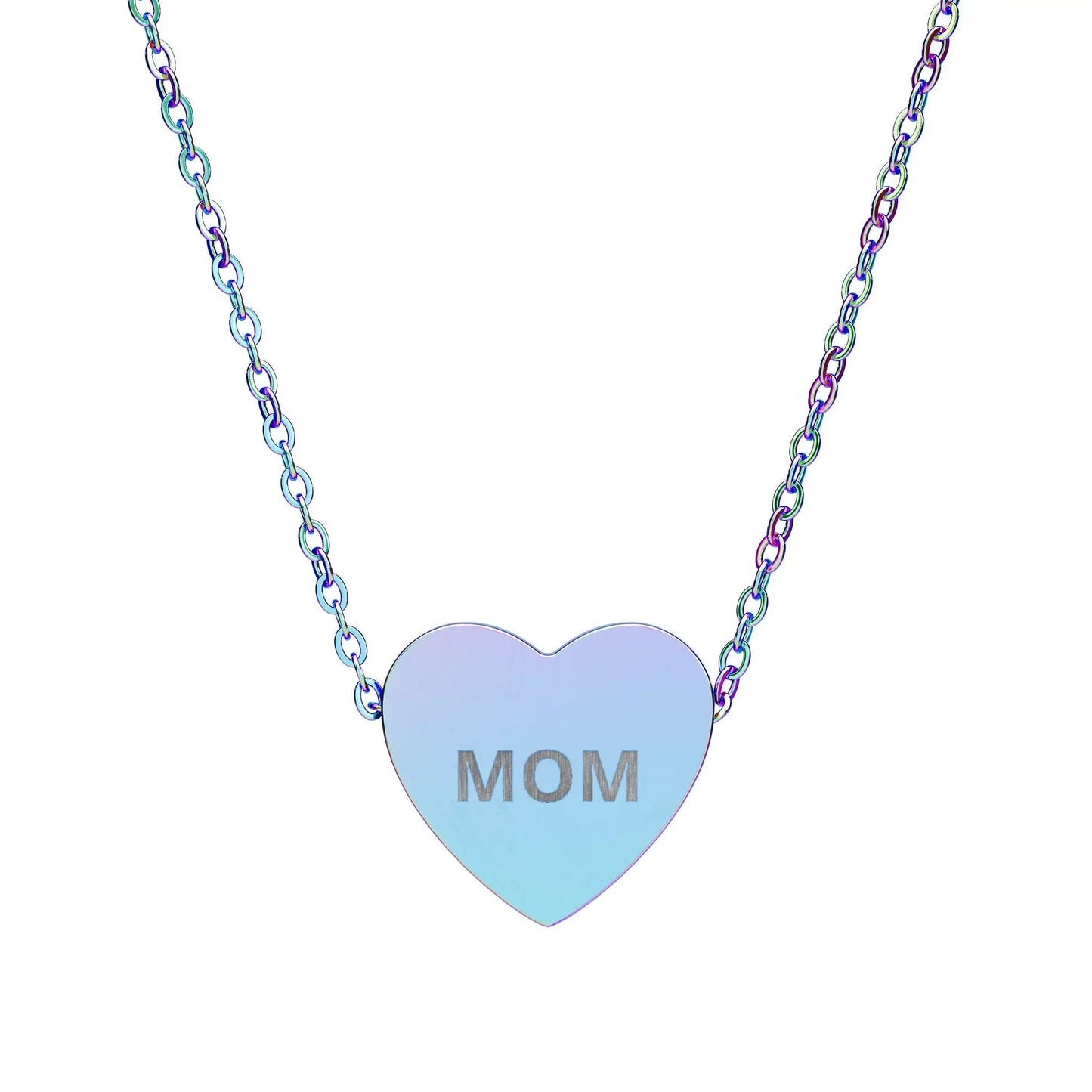 Mom Engraved Heart Necklace | Sterling Silver or Rose Gold - One Size / Rainbow PVD coating - Accessories