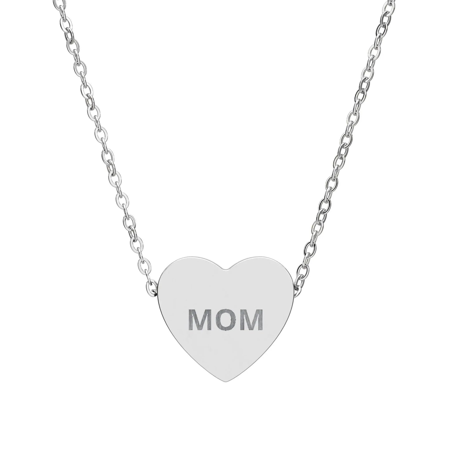 Mom Engraved Heart Necklace | Sterling Silver or Rose Gold - One Size / Stainless Steel (No coating) - Accessories