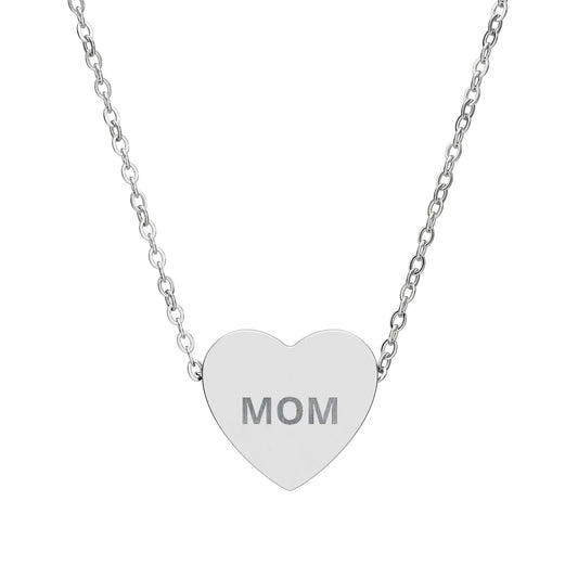Mom Engraved Heart Necklace | Sterling Silver or Rose Gold - One Size / Stainless Steel (No coating) - Accessories
