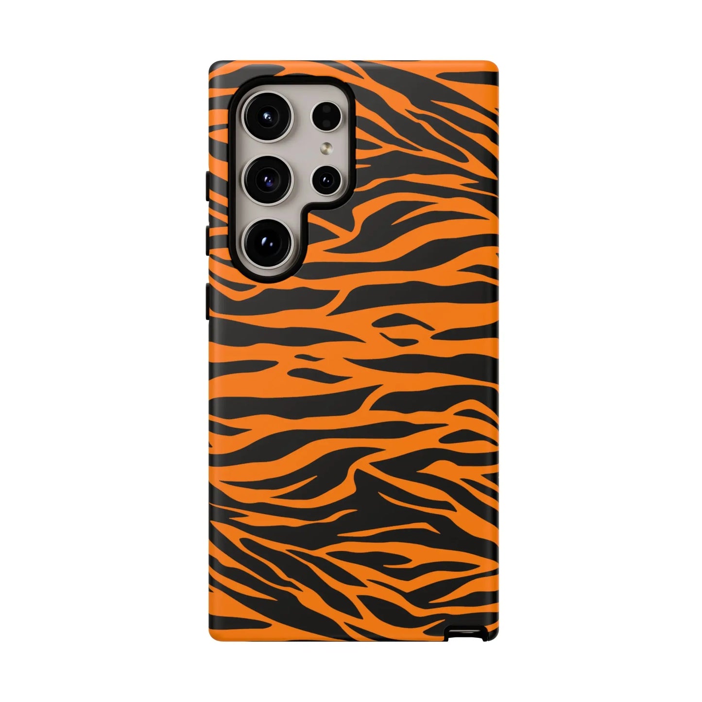 Back side of vibrant orange tiger print phone case for samsung galaxy s21 ultra in wild tiger stripe pattern mobile phone cases