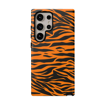 Back side of vibrant orange tiger print phone case for samsung galaxy s21 ultra in wild tiger stripe pattern mobile phone cases
