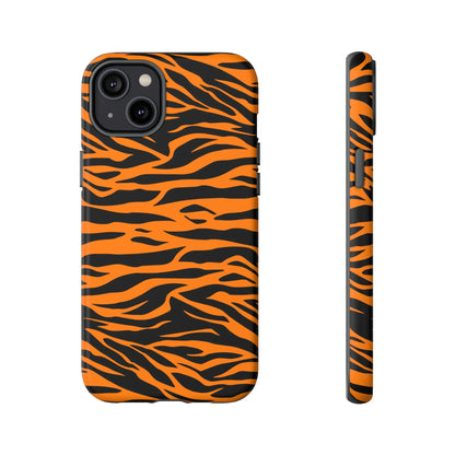 Back side of a vibrant orange tiger print phone case with black stripes for iphone galaxy s and pixel mobile phone cases