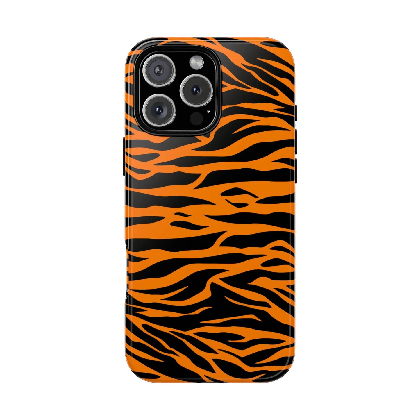 Back side of an orange cute wild tiger print pattern phone case with orange tiger print for iPhone Galaxy and Pixel phones