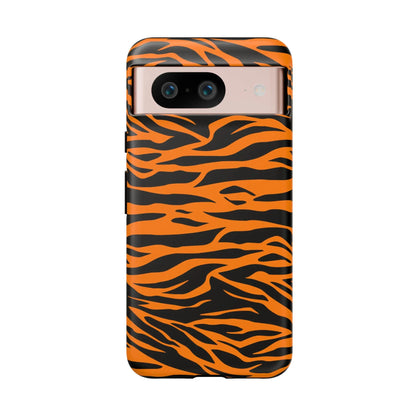Back view of vibrant orange tiger print mobile phone case with bold curved stripes for iphone galaxy and pixel phones
