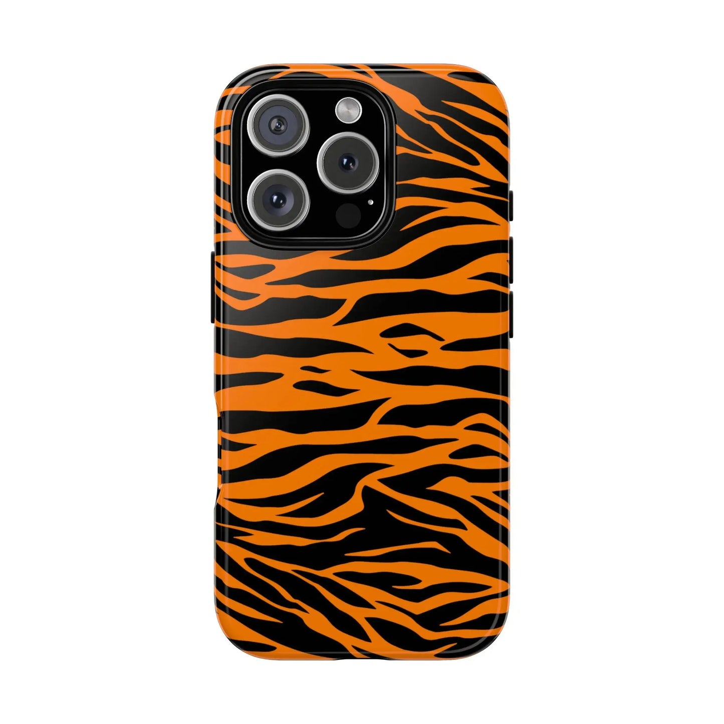 Back side of vibrant orange tiger print mobile phone case with black stripes for iphone galaxy s and pixel phones