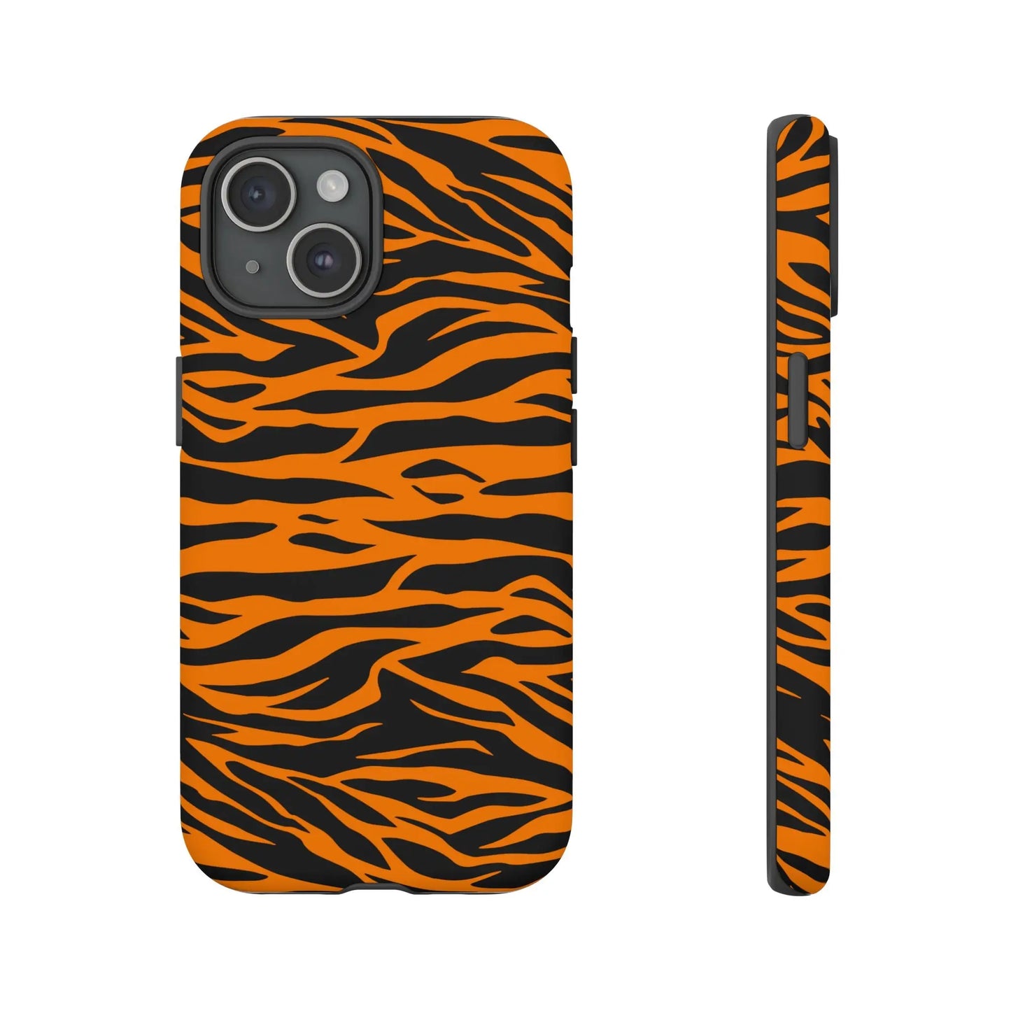 Back view of vibrant orange tiger print mobile phone case with black stripes for iphone galaxy and pixel phones