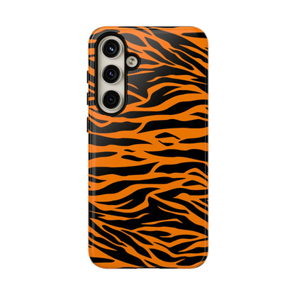 Back of vibrant orange tiger print phone case with black stripes for iphone galaxy s and pixel mobile phone cases