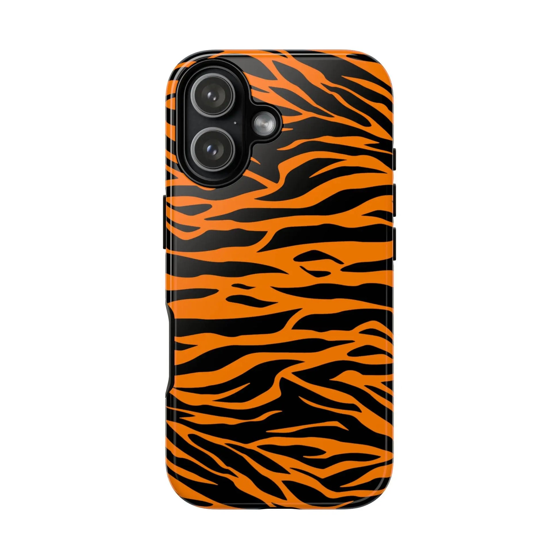 Back side of a vibrant orange tiger print phone case featuring black stripes for iPhone Galaxy s and pixel mobile phone cases