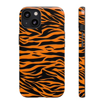 Orange tiger print phone case with vibrant black curved stripes covering the back for iPhone Galaxy and Pixel phones