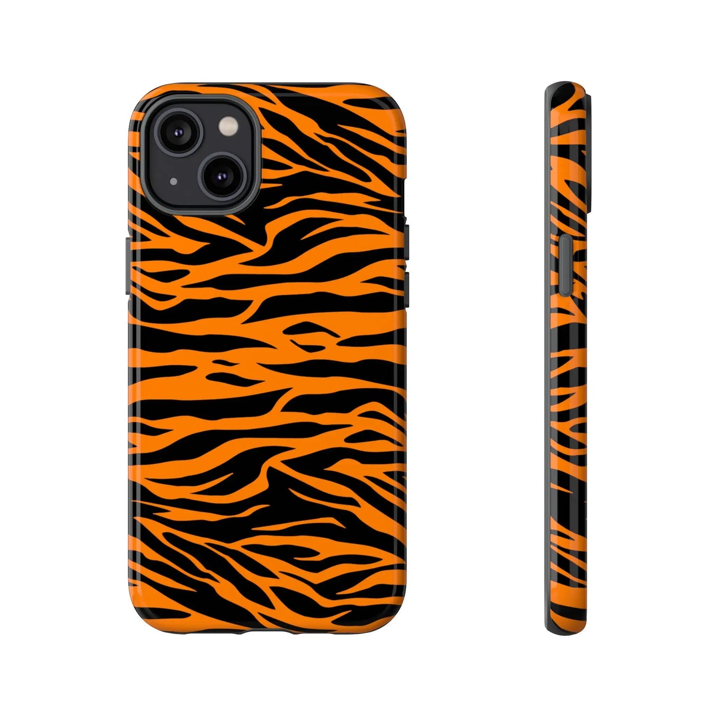 Orange tiger print mobile phone case with vibrant black curved stripes covering the back for iphone galaxy s and pixel phones