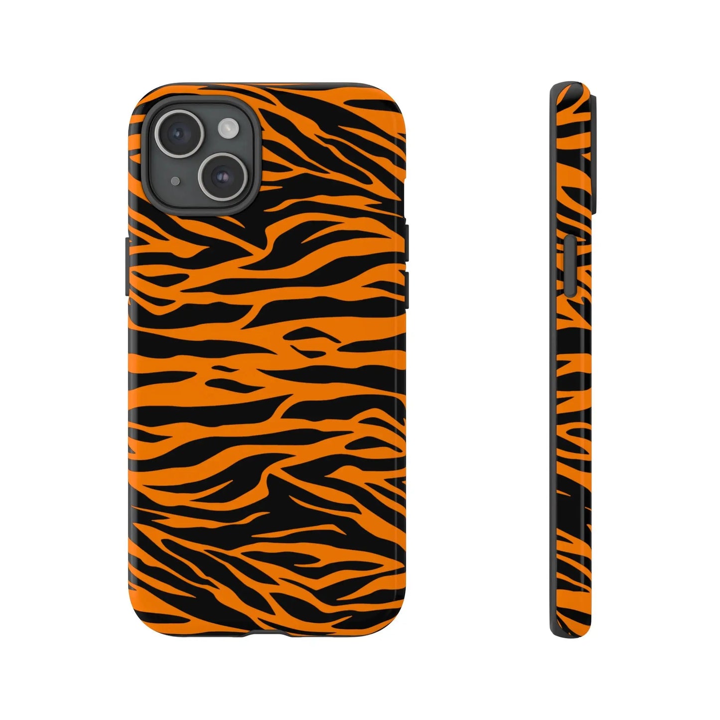 Back side of vibrant orange tiger print phone case featuring black stripes for iphone galaxy s and pixel phones mobile phone cases