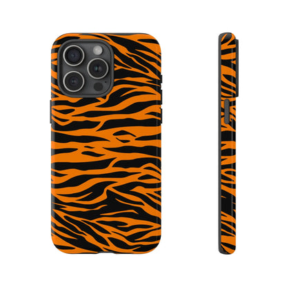 Back side of an orange tiger print phone case with vibrant black stripes for iPhone Galaxy and Pixel mobile phone cases