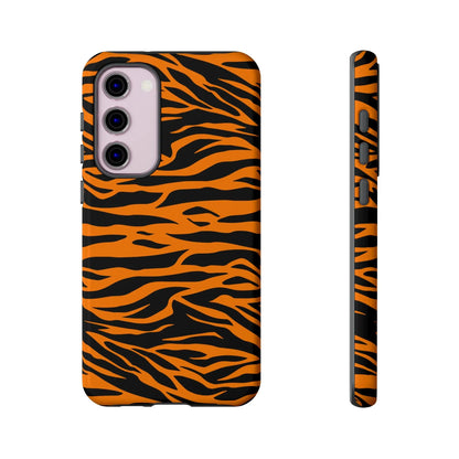 Orange tiger print mobile phone case featuring vibrant tiger print stripes on the back for iPhone Galaxy and Pixel phones