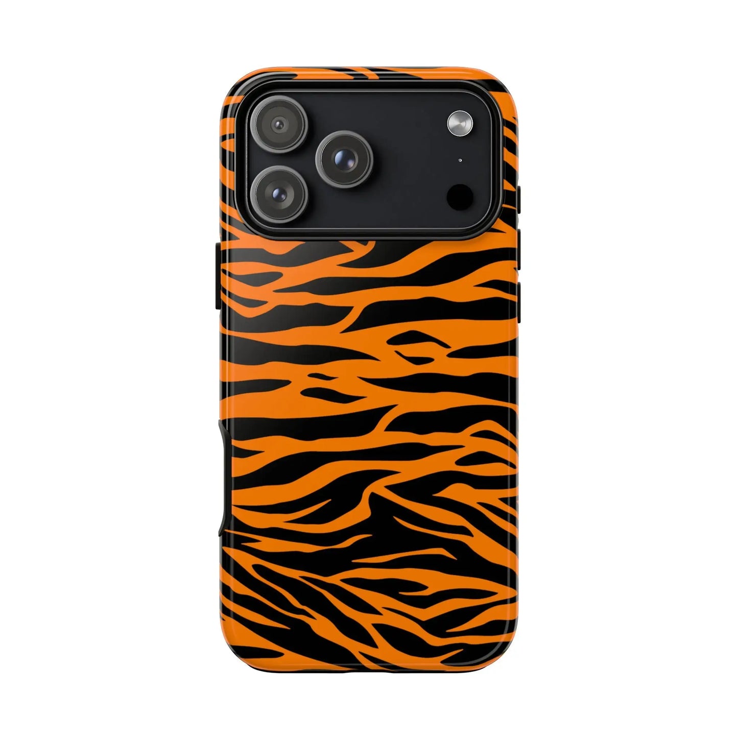 Back of vibrant orange tiger print phone case with bold black wavy stripes for iphone galaxy s and pixel phones