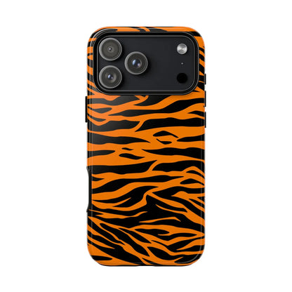 Back of vibrant orange tiger print phone case with bold black wavy stripes for iphone galaxy s and pixel phones