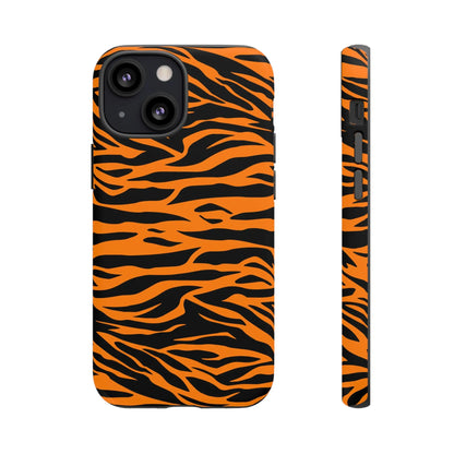 Back side of a vibrant orange tiger print phone case with bold black stripes for iphone galaxy s and pixel phones mobile phone cases