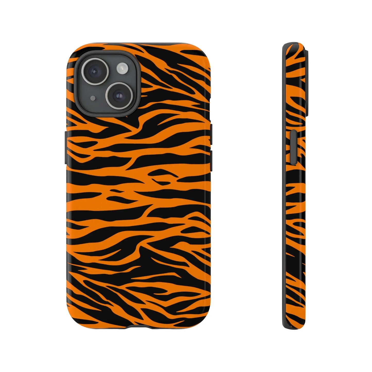 Back side of a vibrant orange tiger print phone case with black stripes for iphone galaxy s and pixel mobile phone cases