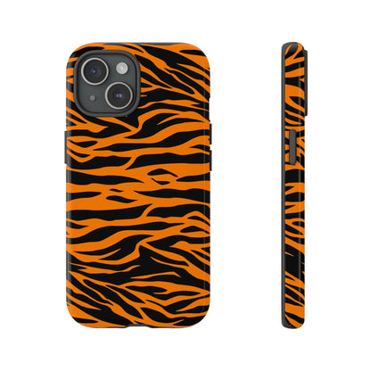 Back side of a vibrant orange tiger print phone case with black stripes for iphone galaxy s and pixel mobile phone cases
