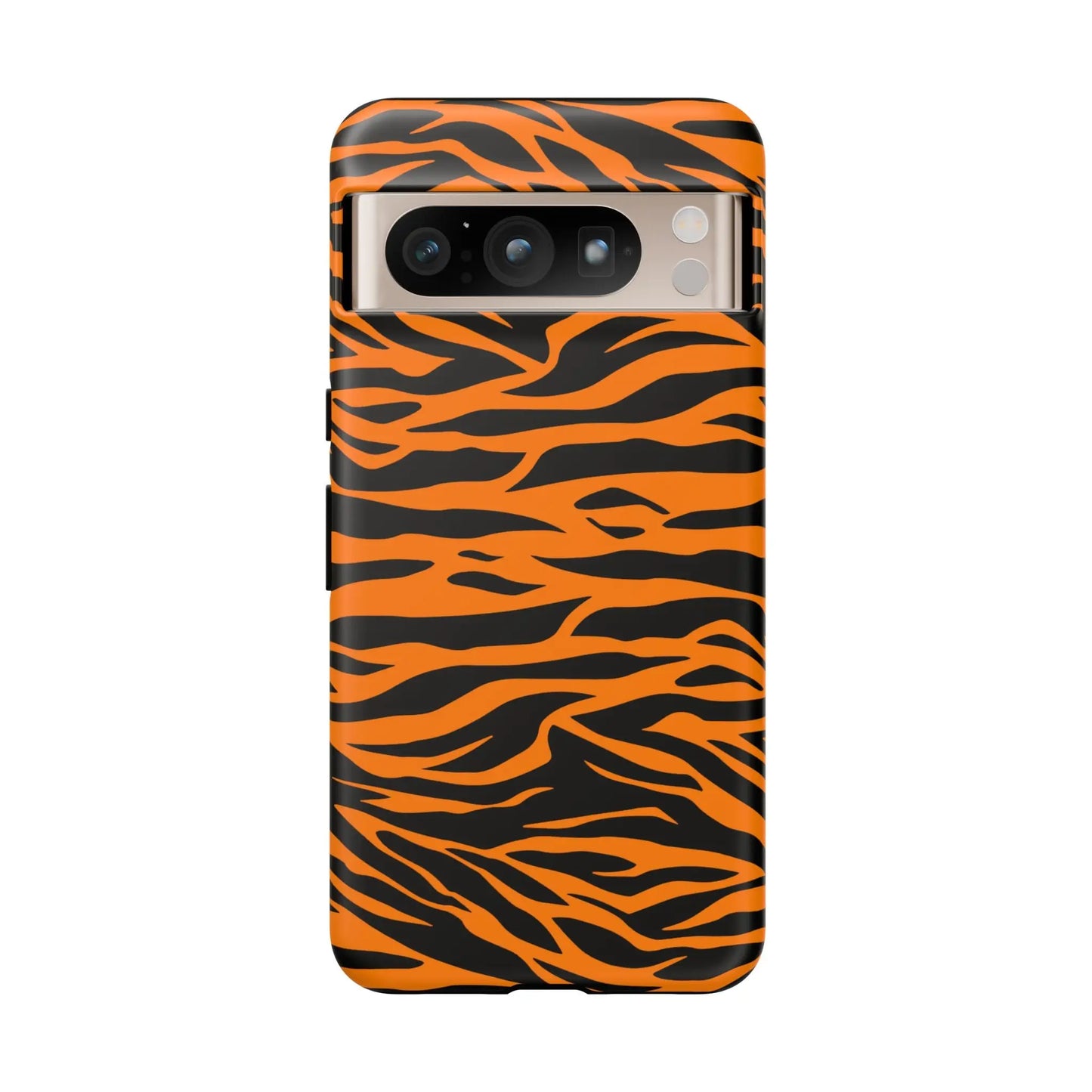 Back side of vibrant orange tiger print mobile phone case with black stripes for iphone galaxy s and pixel phones