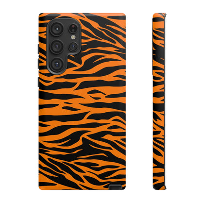 Back of vibrant orange tiger print phone case with bold curved stripes for iphone galaxy s and pixel phones