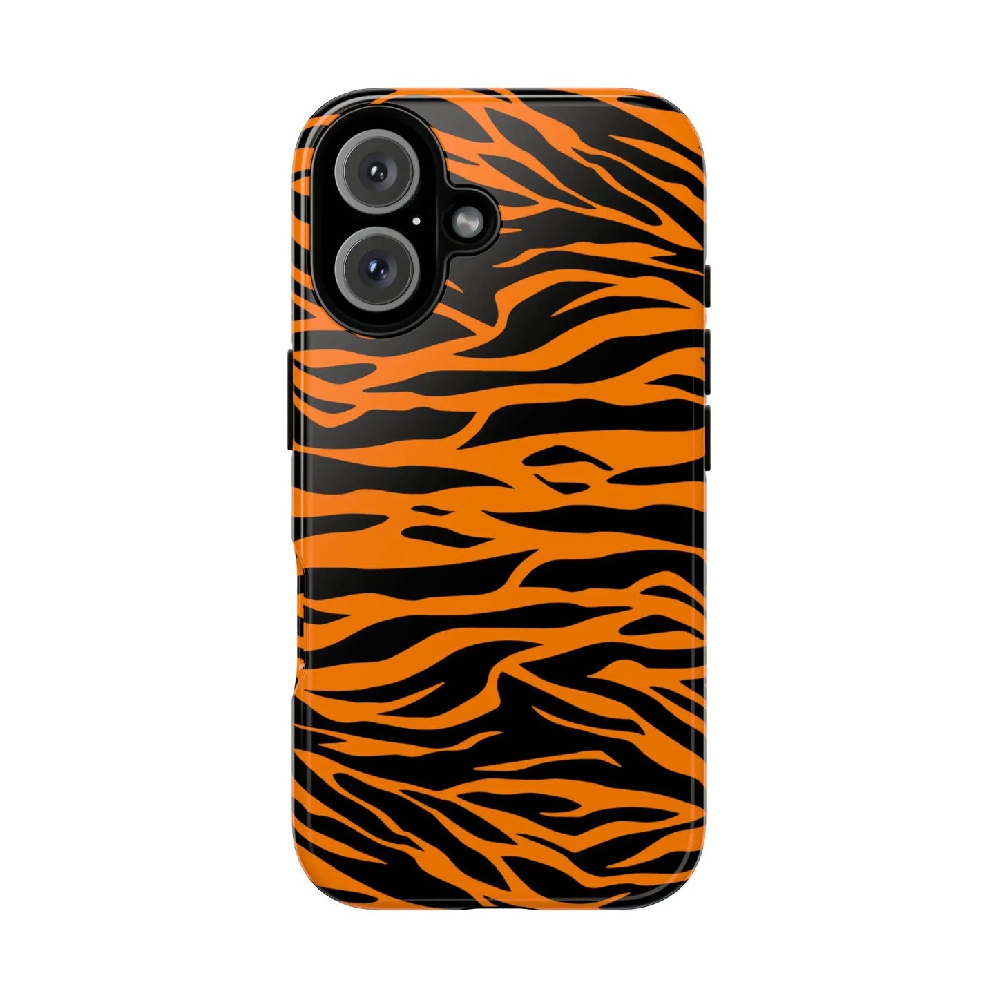 Back side of vibrant orange tiger print phone case with bold black stripes for iphone galaxy s and pixel phones