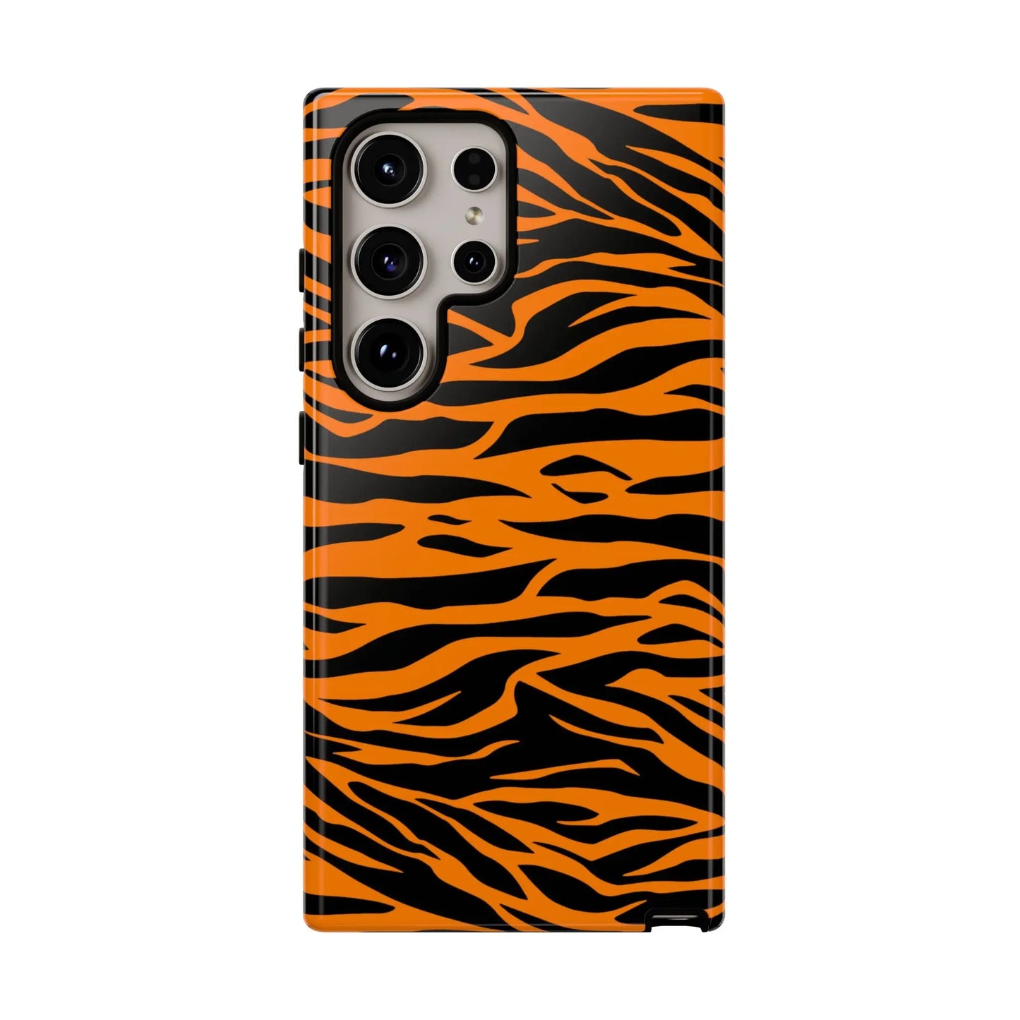Back view of vibrant orange tiger print phone case for samsung galaxy s21 ultra featuring wild tiger stripe pattern